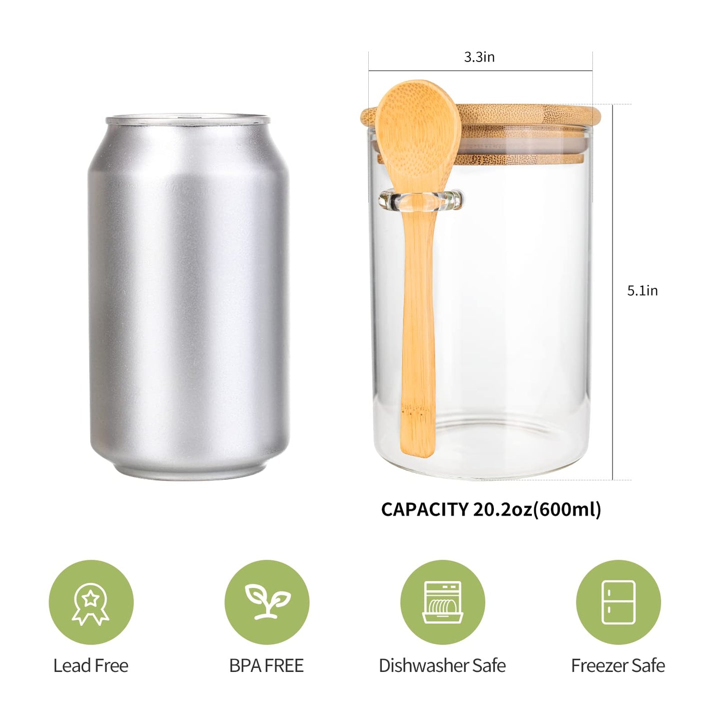 Airtight Food Storage Containers, Glass Canister With Wooden Spoon and Lids, 20 Oz Jars for Serving Bath Salt, Sugar, Spice, Coffee, Tea, Cereals, Condiment (2 Set)