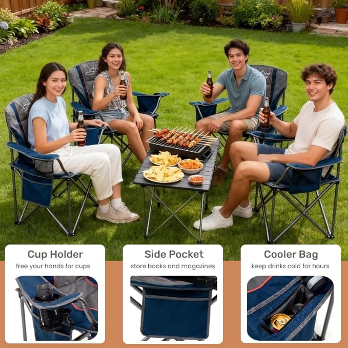 FAIR WIND 2 Pack Heavy Duty Camping Chair, Oversized Padded Folding Chair for Big and Tall (450lbs), Extra Wide Seat with Integrated Cooler & Storage Pocket, Adjustable Lumbar Support for Outdoor
