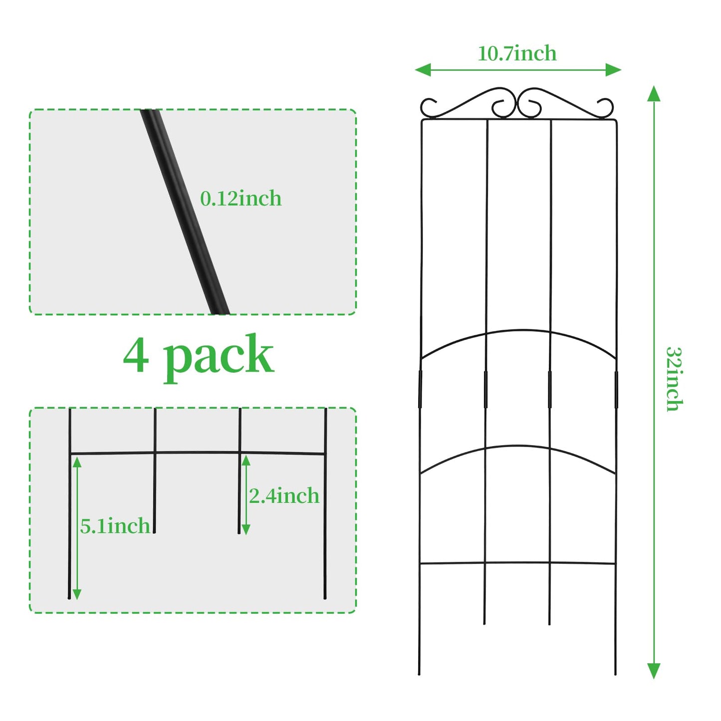 DYBEEDUAL 32 Inch Metal Plant Trellis for Climbing Plants Outdoor，4 Pack Garden Trellis for Potted Climbing Plants Indoor Houseplants Flowers Vine Ivy,Black,Rectangle