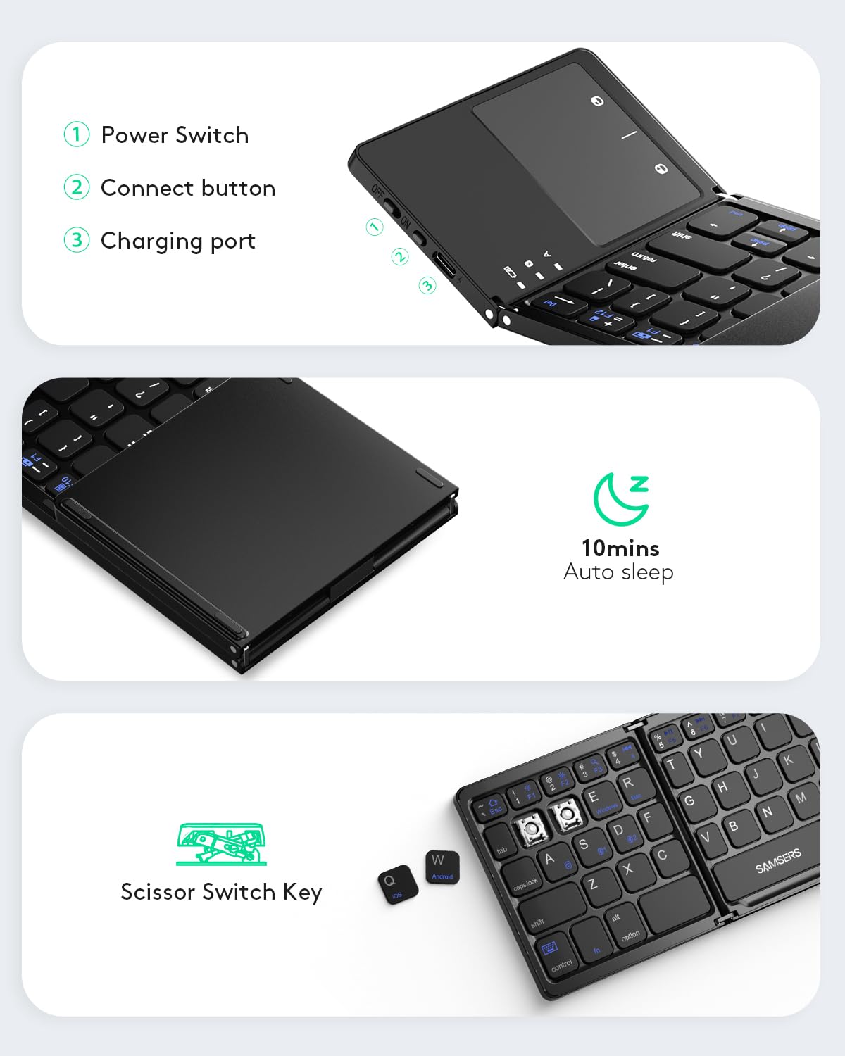 Samsers Foldable Bluetooth Keyboard with Touchpad - Portable Wireless Keyboard with Holder, Rechargeable Full Size Ultra Slim Pocket Folding Keyboards for Android Windows iOS Tablet & Laptop - Black