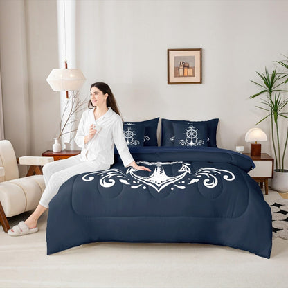 Erosebridal Nautical Anchor 7 Pcs Comforter Set Twin Size Ocean Sailboat Bedding Sets for Kids Boys Teens Adult Navy Blue Ocean Theme Bed in A Bag Coastal Compass Sheet Set