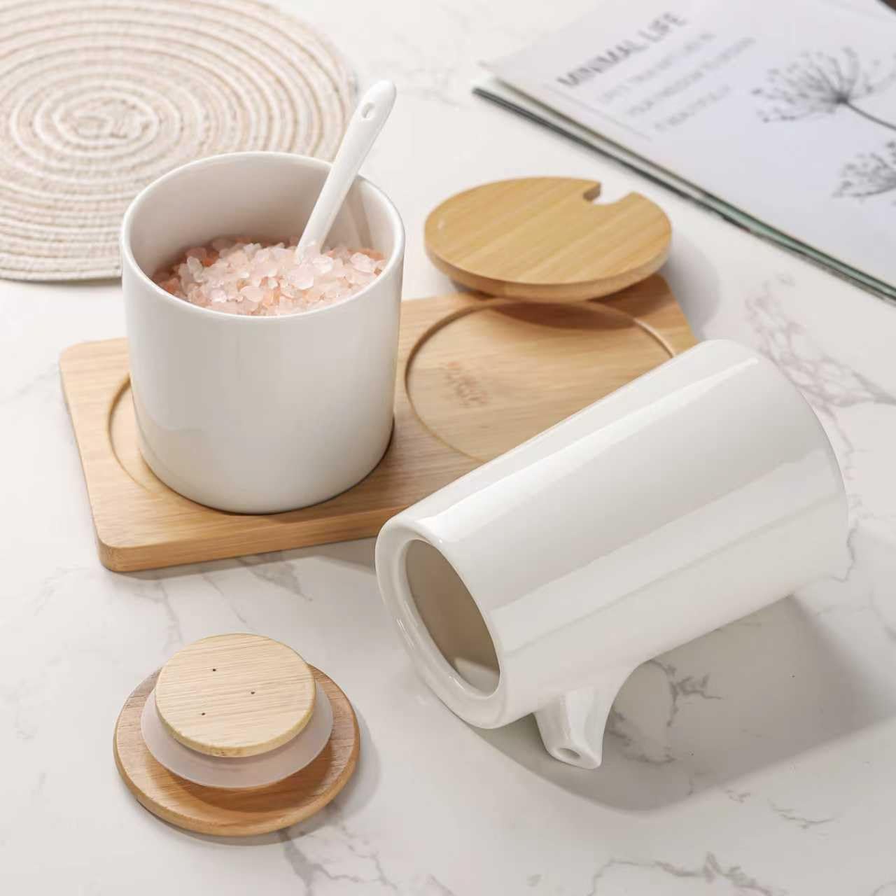 Ceramic Sugar and Creamer Set, 8oz Cream Bottle and Sugar Jars with Wooden Tray for Home Kitchen Coffee Bar