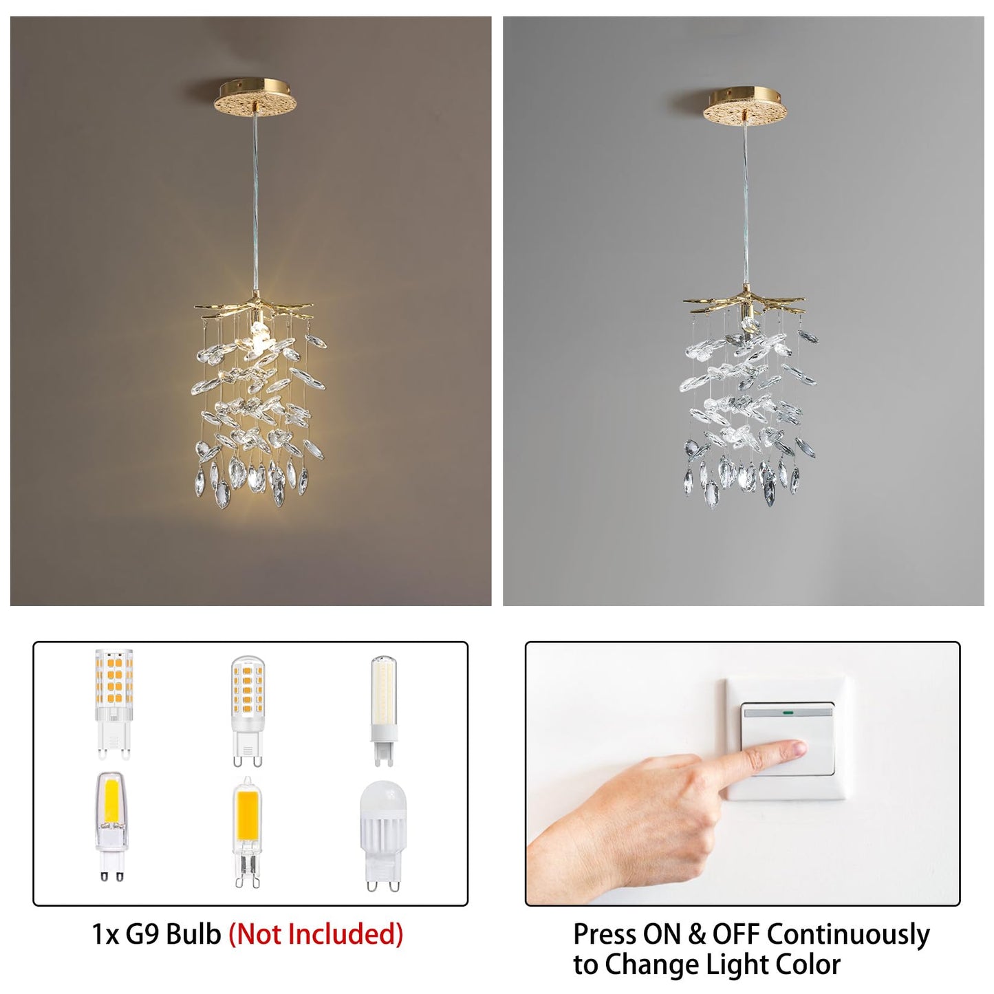 YUYI 8.3" Crystal Pendant Light for Kitchen Island, Modern Gold Tree Branch Chandeliers, Luxury Round Raindrop Chandelier Pendant Lights Fixture for Dining Room, Living Room, Bedroom, Foyer, Entryway
