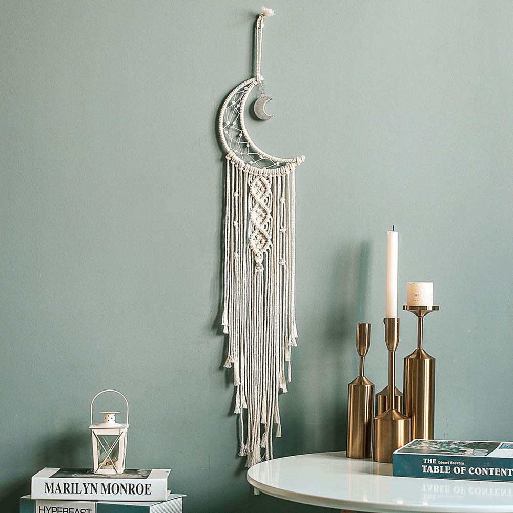 MOONFLY Dream Catcher with Handmade Moon Star Design Woven Cotton Dream Catchers Boho Macrame Wall Hanging Home Decoration Ornament Craft Gift (White Moon)