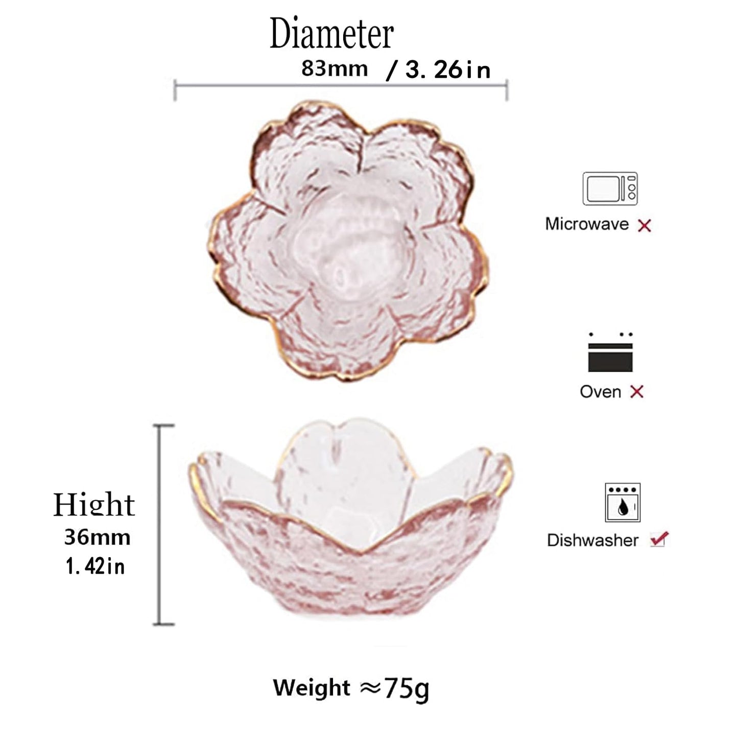 Seasoning bowls with gold rim,6 pcs Pink Cherry Flower Crystal Glass Appetizer Plates dipping bowls Small Glass Dish 3.26*1.42 inch ,6.2oz pink glass plates mini for charcuterie board (Phnom Penh)