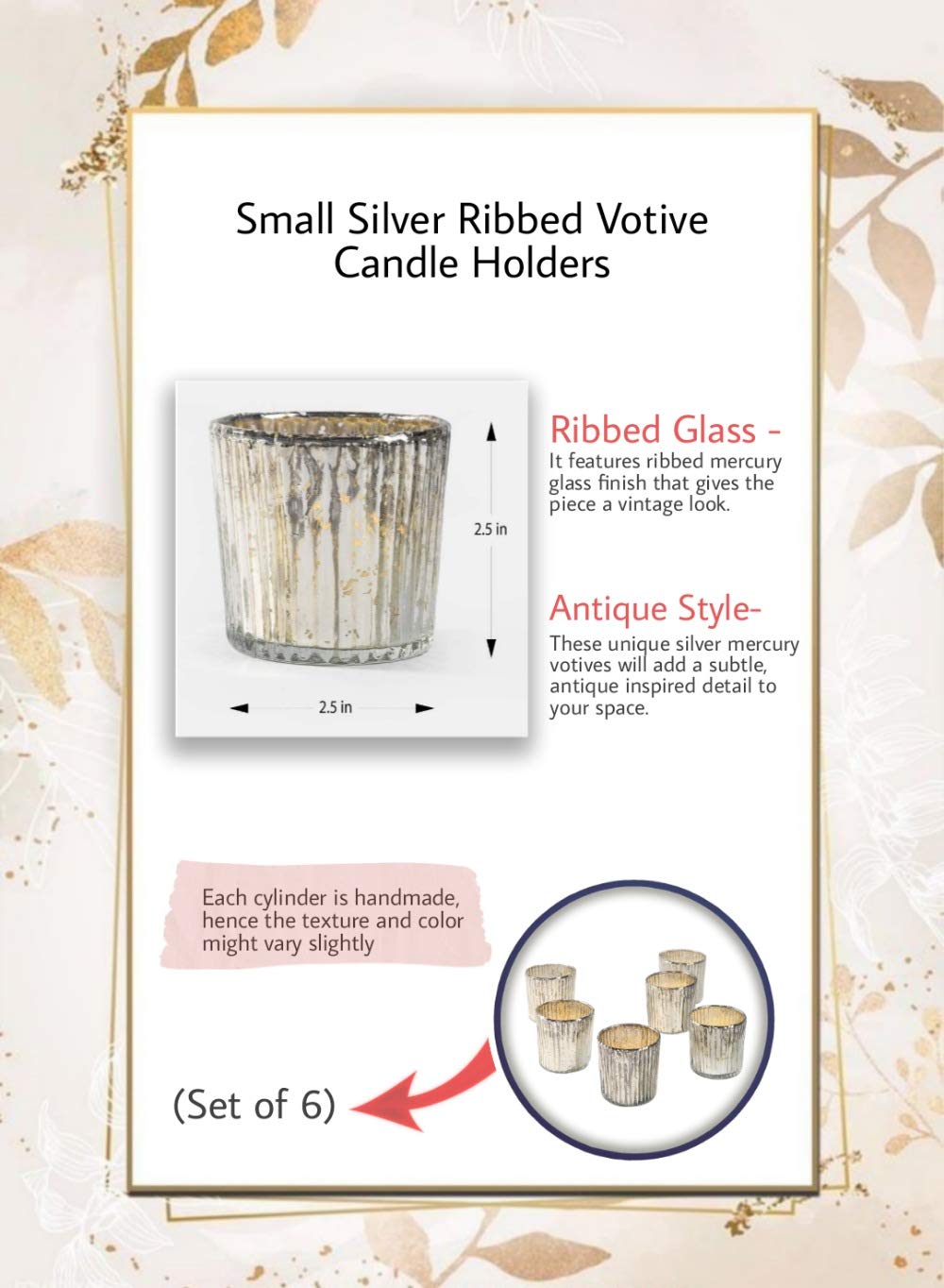 Serene Spaces Living Small Silver Ribbed Votive Candle Holders, Mercury Glass Finish, Ideal for Weddings, Events, 2.5" Tall & 2.5" Diameter, Pack of 6