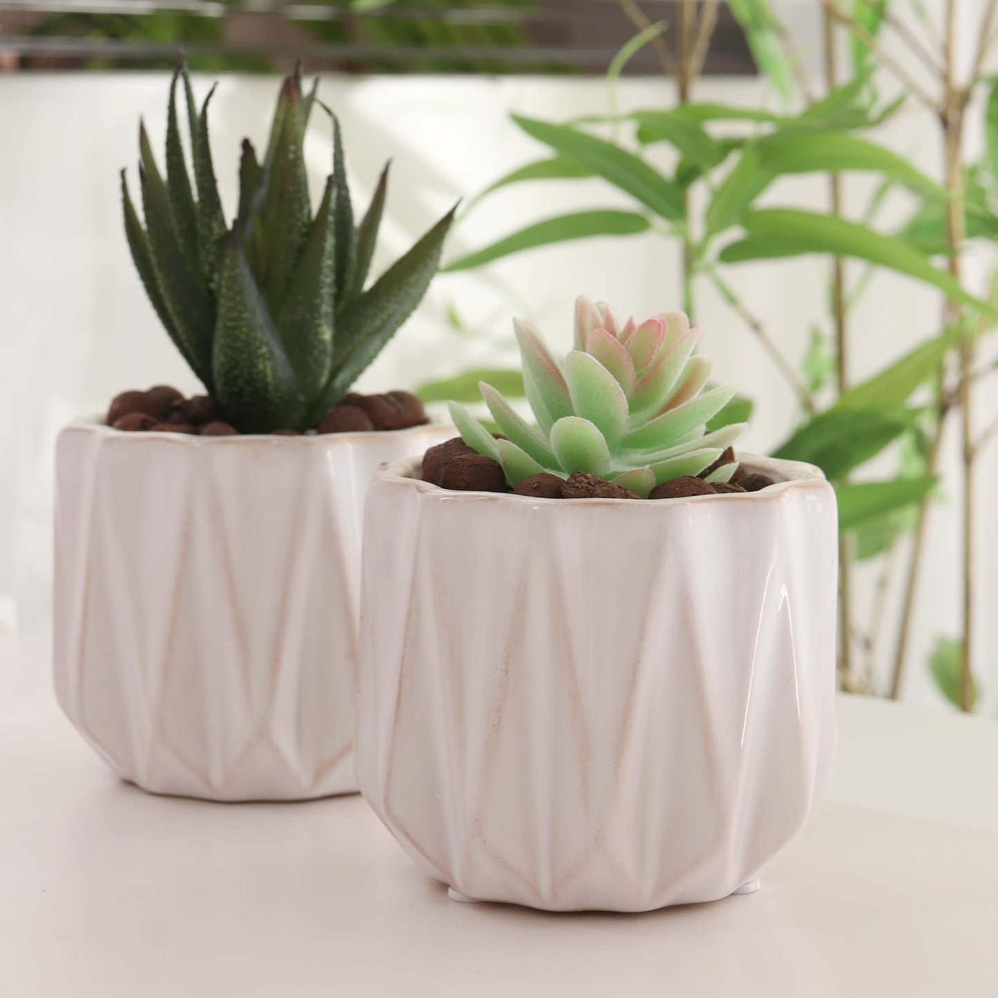 Padolitlay Plant Pot 4 Inch Ceramic Pots, Set of 2 Flower Pots Crackle Glaze Small Planters Pots with Drainage Hole and Mesh Pads for Indoor Outdoor Garden Pots Succulent, Cactus, Herbs (White)
