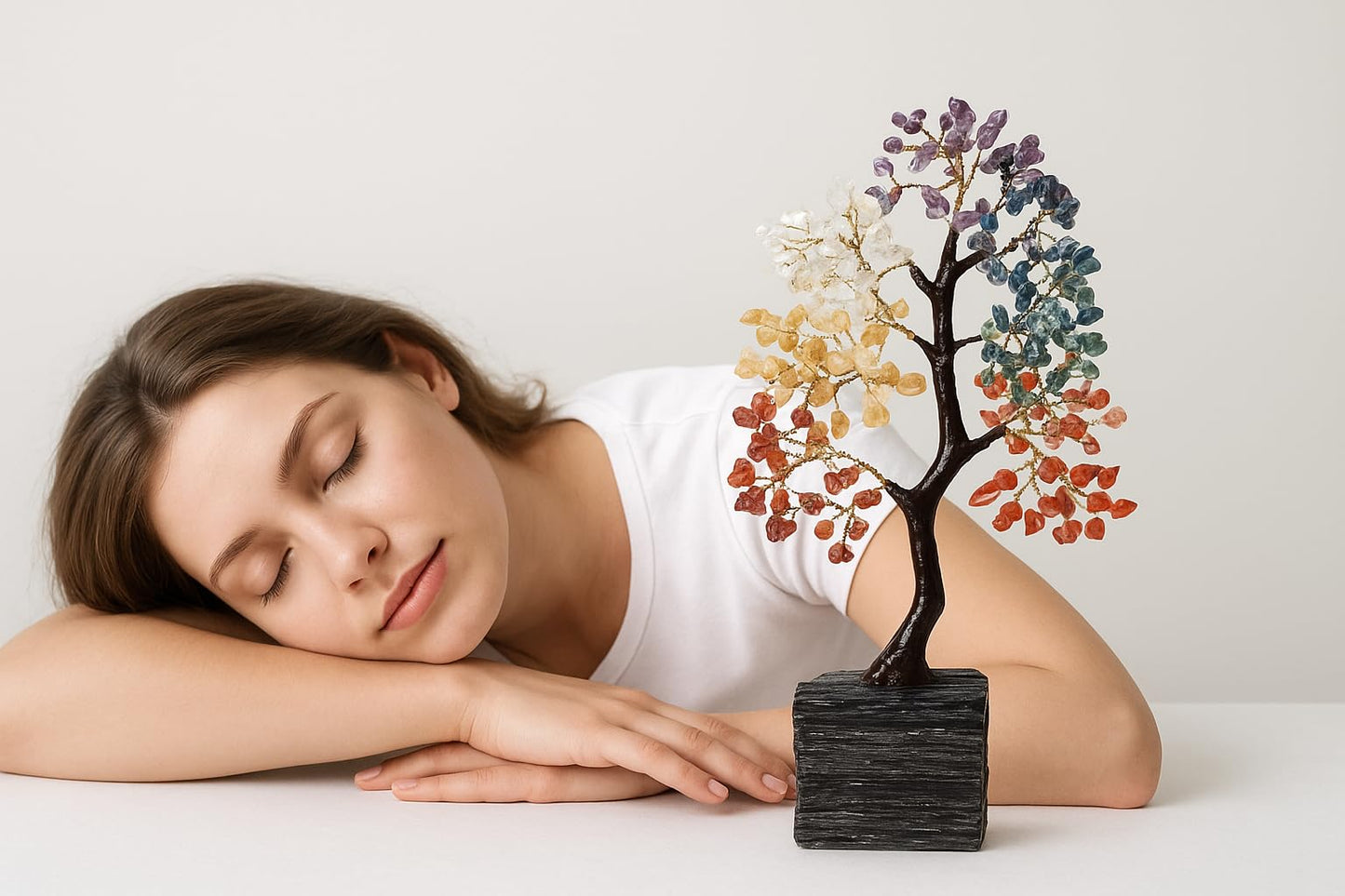 Seven Chakra Crystal Tree for Positive Energy, Healing Gemstone Bonsai with Black Tourmaline Gemstone Base – Feng Shui Money Tree for Home Décor, Meditation & Reiki Healing