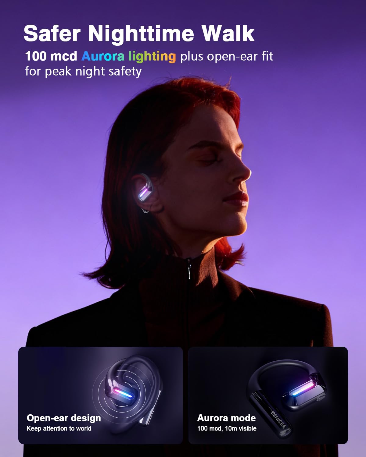 DEMICEA True Bone Conduction Headphones,Open-Ear Headphones,Up to 30H Playtime with Charging Case,Aurora Mode(RGB Light) IP68 Water-Resistant, AAC/SBC,Perfect for Night Running and Cycling