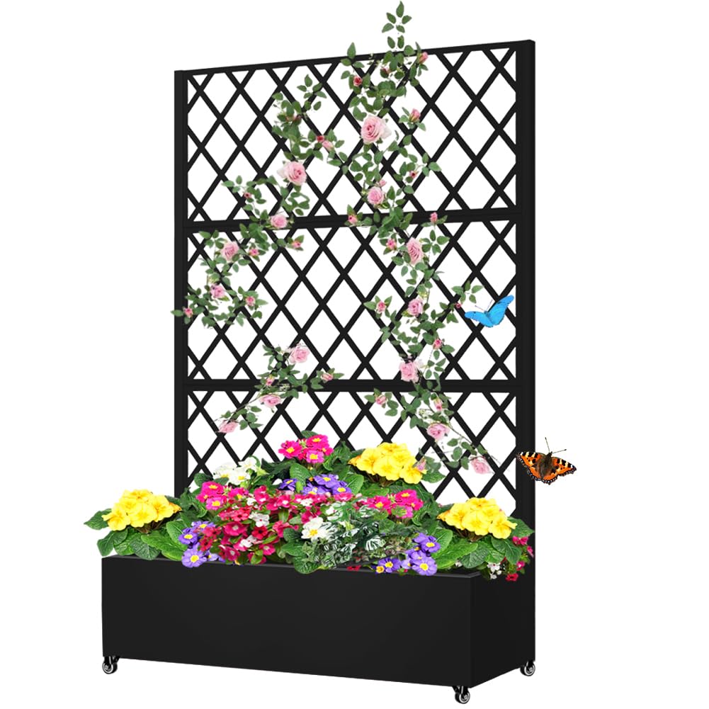 Metal Planter Box with Privacy Screen Trellis,Galvanized Raised Garden Bed On Wheels for Climbing Plants Vines, Standing Garden Flower Bed with Drainage Holes (Black, 47" L x16 W x 73" H)