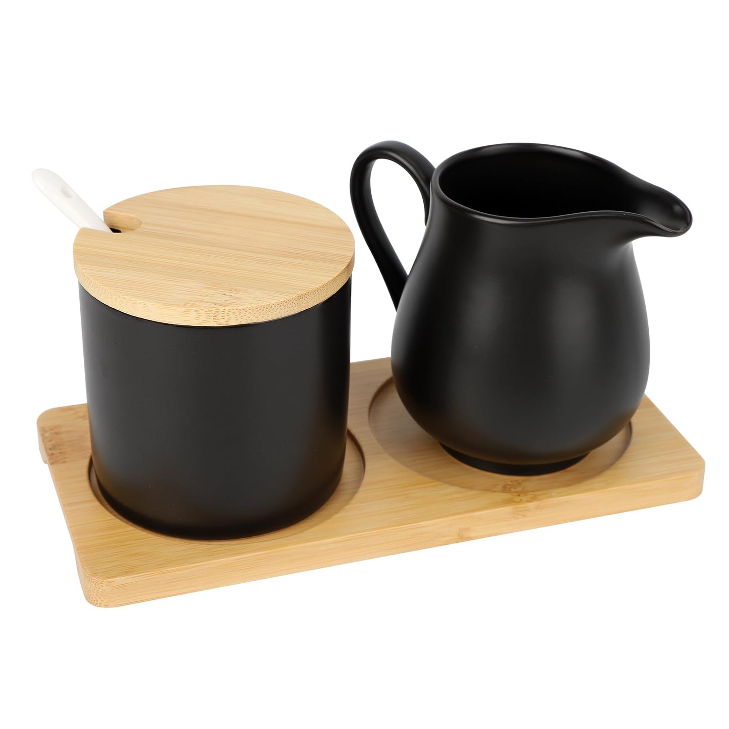 Ceramic Sugar and Cream Serving Set with Lid and Spoon, Coffee Serving Set Coffee Bar Accessories 9oz Creamer 8.45oz Sugar (Black)