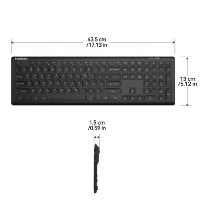 TECKNET Bluetooth Keyboard Rechargeable, 4-Device Free Switching (2.4G+BT), Ultra-Slim Full Size Wireless Keyboard, Quiet Typing, for PC/Laptop/Smart TV/Phone, Adjustable Stand, 12 Multimedia Keys