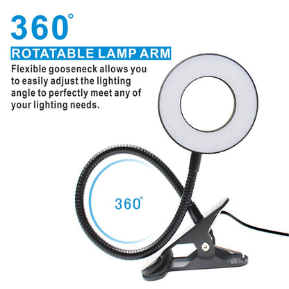 KNAMKY USB LED Desk Lamp Clip On Light, 3 Light Mode 10 Dimmable Brightness Eye Caring Book Adjustable for Reading Studying Working Video Conference Lighting (Black)