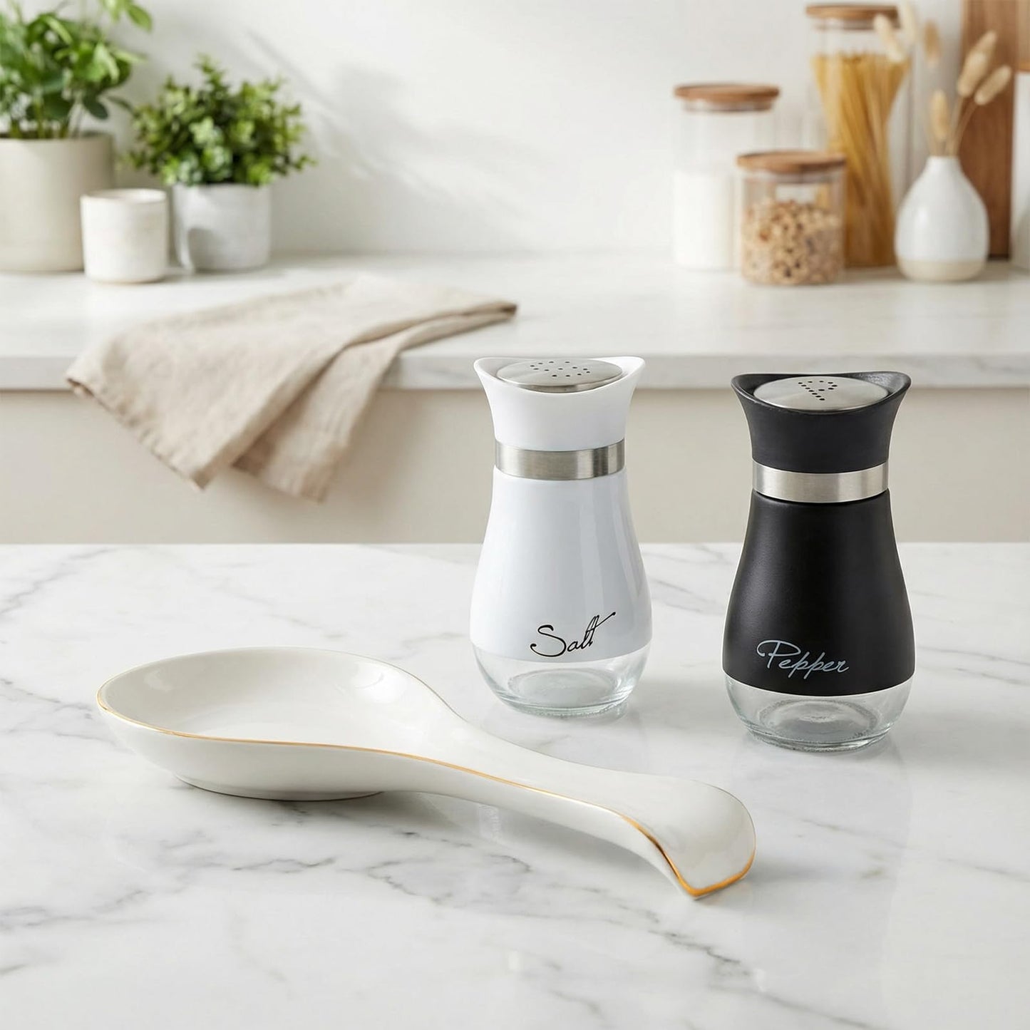 Patelai 3 Pcs Kitchen Counter Set Salt and Pepper Shakers with Ceramic Spoon Rest Farmhouse Rustic Modern for Kitchen Cooking Serving Dining BBQ Rv Housewarming Gifts