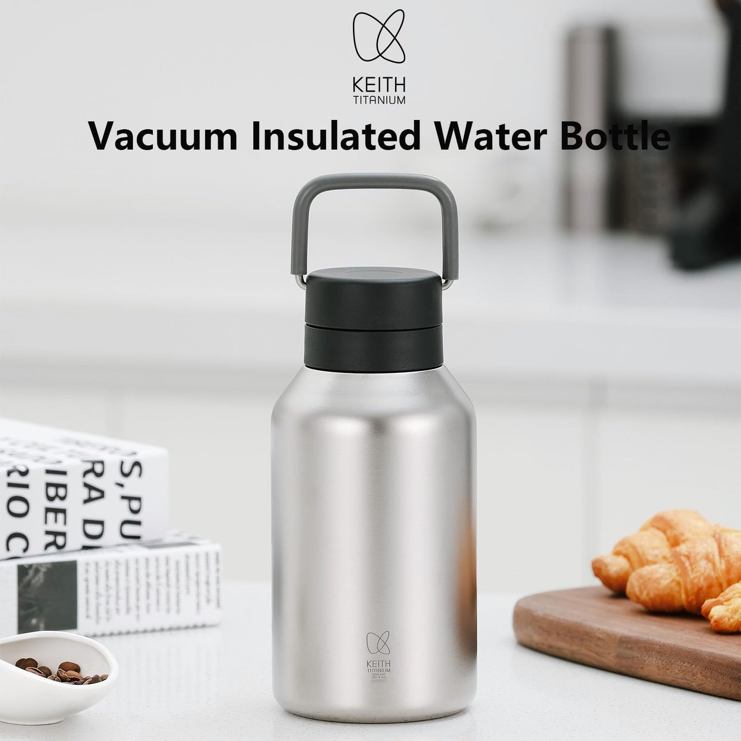 KEITH Titanium Vacuum Insulated Water Bottle, 30.43 fl oz (900 ml), Lightweight Large Capacity Double Walled Hot Travel Flask for Outdoor Camping (Ti3105)