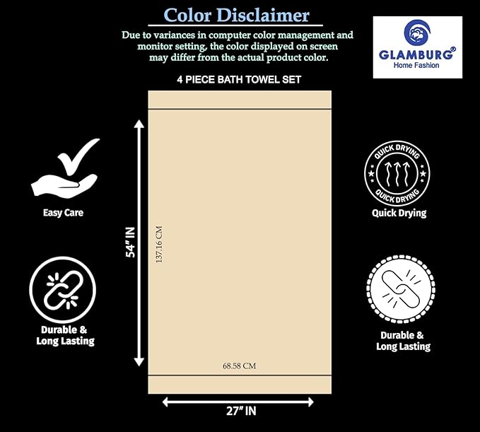 GLAMBURG Premium Cotton 4 Pack Bath Towel Set