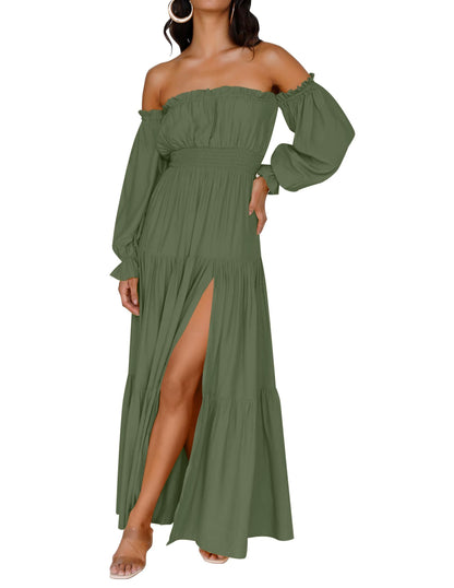 ZESICA Women's 2025 Boho Sexy Off Shoulder Long Sleeve Smocked High Waist Side Split Flowy A Line Tiered Long Maxi Dress