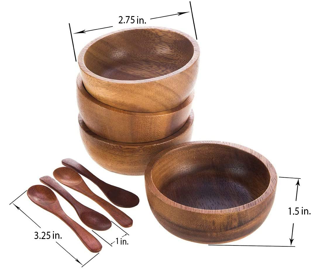 BestySuperStore Set of 4 Small Round Acacia Wooden Bowls 2¾ Inch Diameter 1½" High With Spoons - Stackable Mixing Bowl Salad Soup Snack Dip Sauce Charcuterie Wood Tableware Sets for Decor and Serving