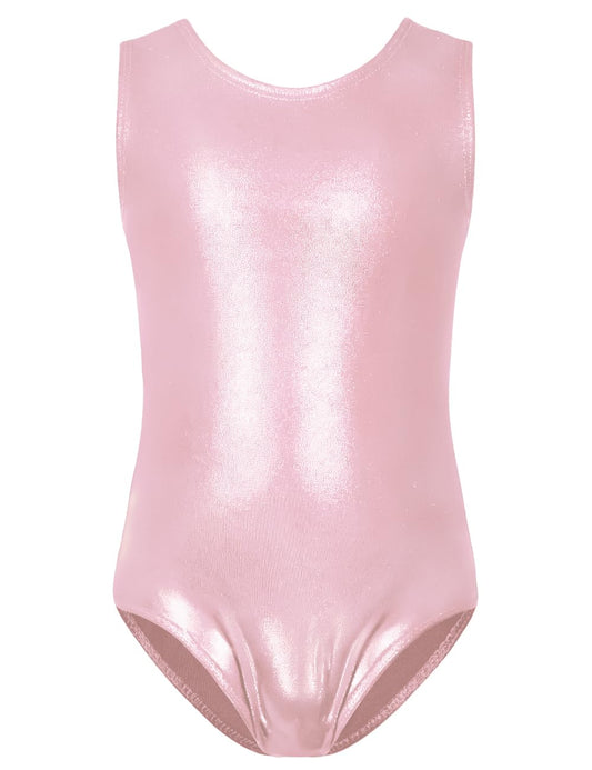 TENVDA Girls Leotards for Gymnastics Size 5-6 Years Old Sparkle Metallic Solid Pink Sleeveless Tumbling Outfit Workout Bodysuit