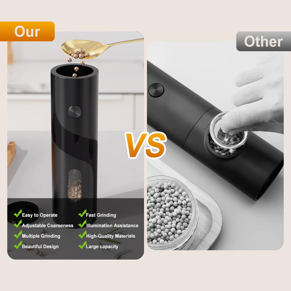 JIDSPWLS Electric Pepper or Salt Grinder Mill,Automatic Pepper Mill with LED Light,Battery Powered Automatic Pepper Grinder,Refillable and djustable CoarsAeness Pepper Grinder(1 pack Black)