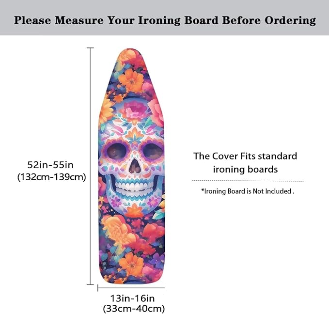 Skull Flower Steam Ironing Board Cover Standard Size 15" X 54", Watercolor