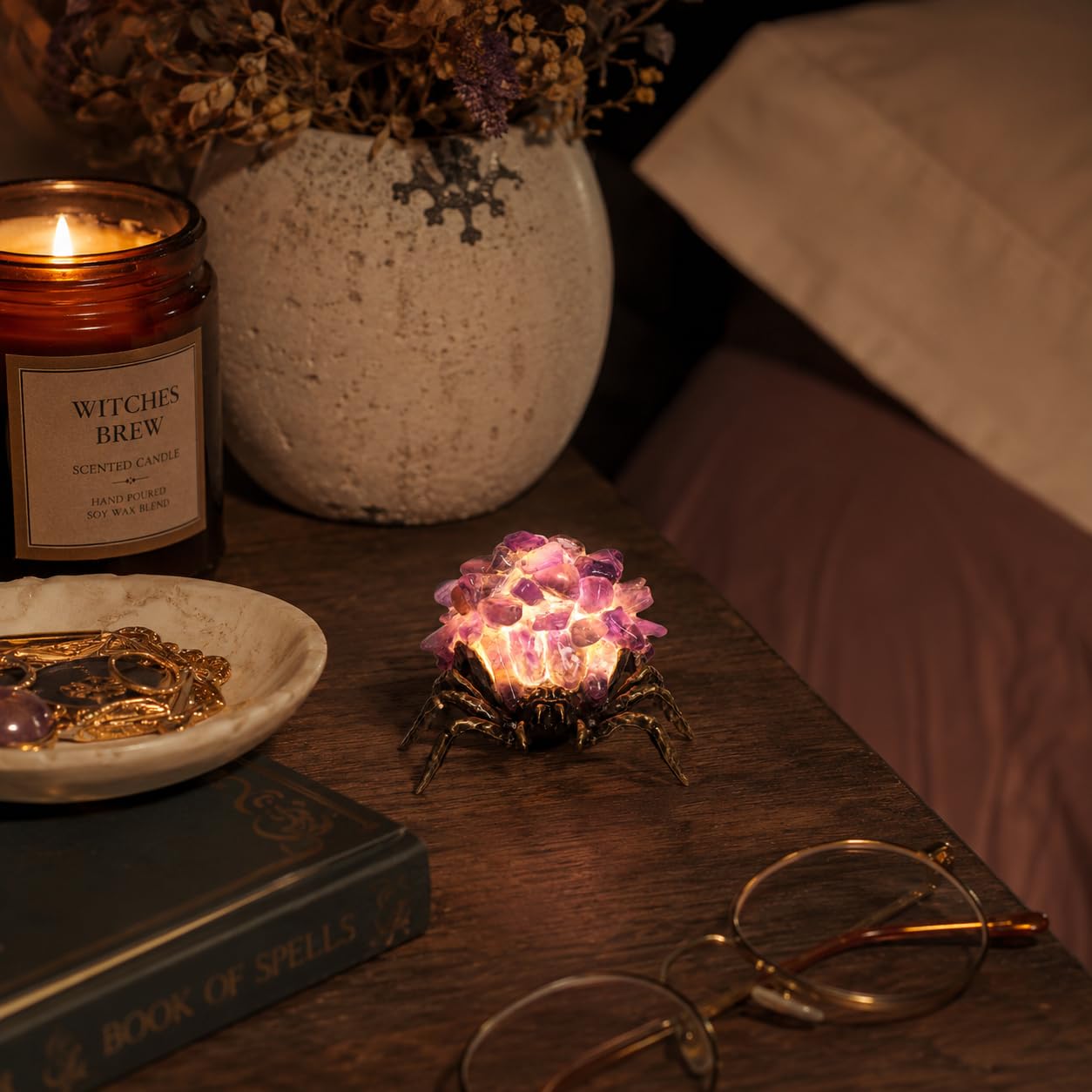 Amethyst Crystal Spider Lamp - Natural Cluster Stone Desk Decor, Dimmable Goth Amethyst Night Light with Bronzed Metal Base, Unique Healing Crystal Gifts for Women, Witchy Boho Home Office Decor