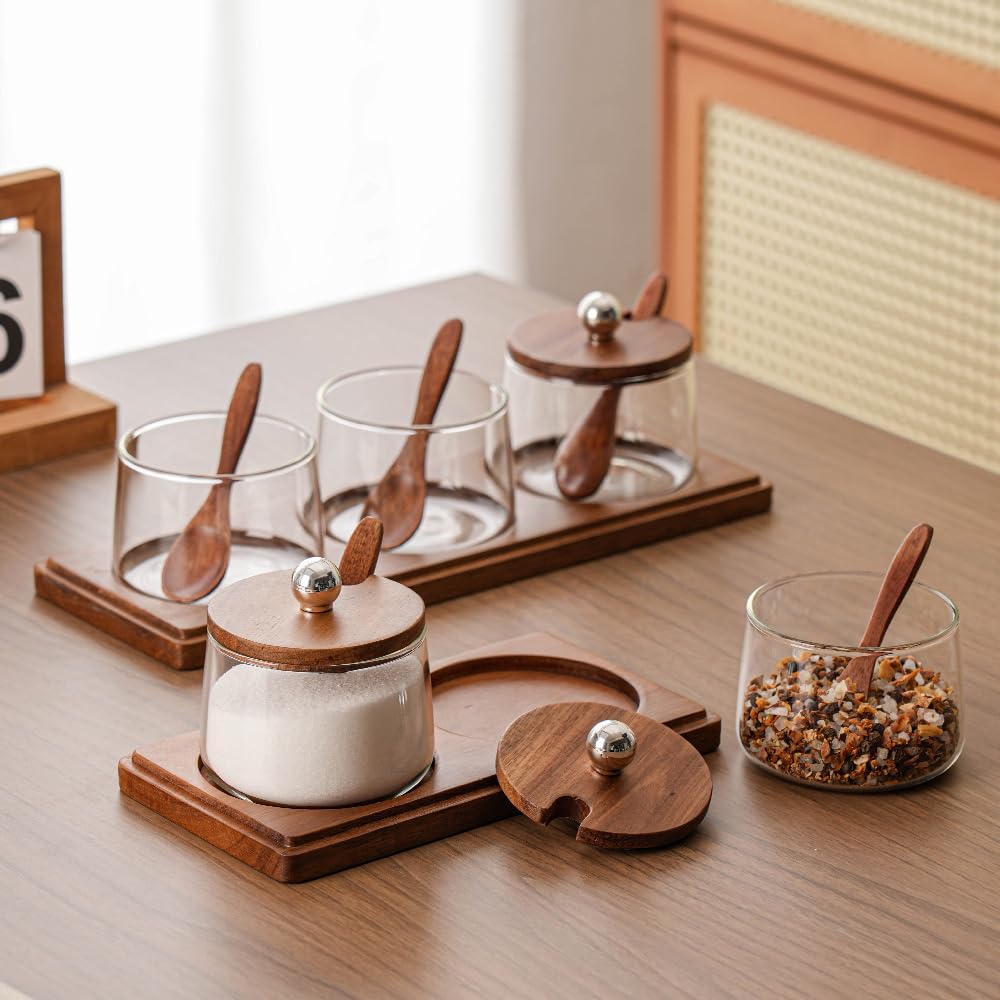 Condiment Containers Set with Acacia Wood Lids and Tray Seasoning Box Condiment Pots Jars with Spoons for Spice Salt Sugar Cruet (Silver Top, 2 Jars with Tray)
