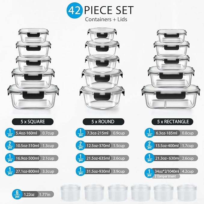 42pcs Glass Food Storage Containers