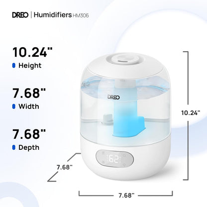 Dreo Humidifiers for Bedroom, 3L Top Fill 30H & 26dB Quiet Runtime for Large Room, Cool Mist Ultrasonic Humidifier with Humidity Sensor, Night Light for Home, Baby, Nursery, Plants, 360° Nozzle, White