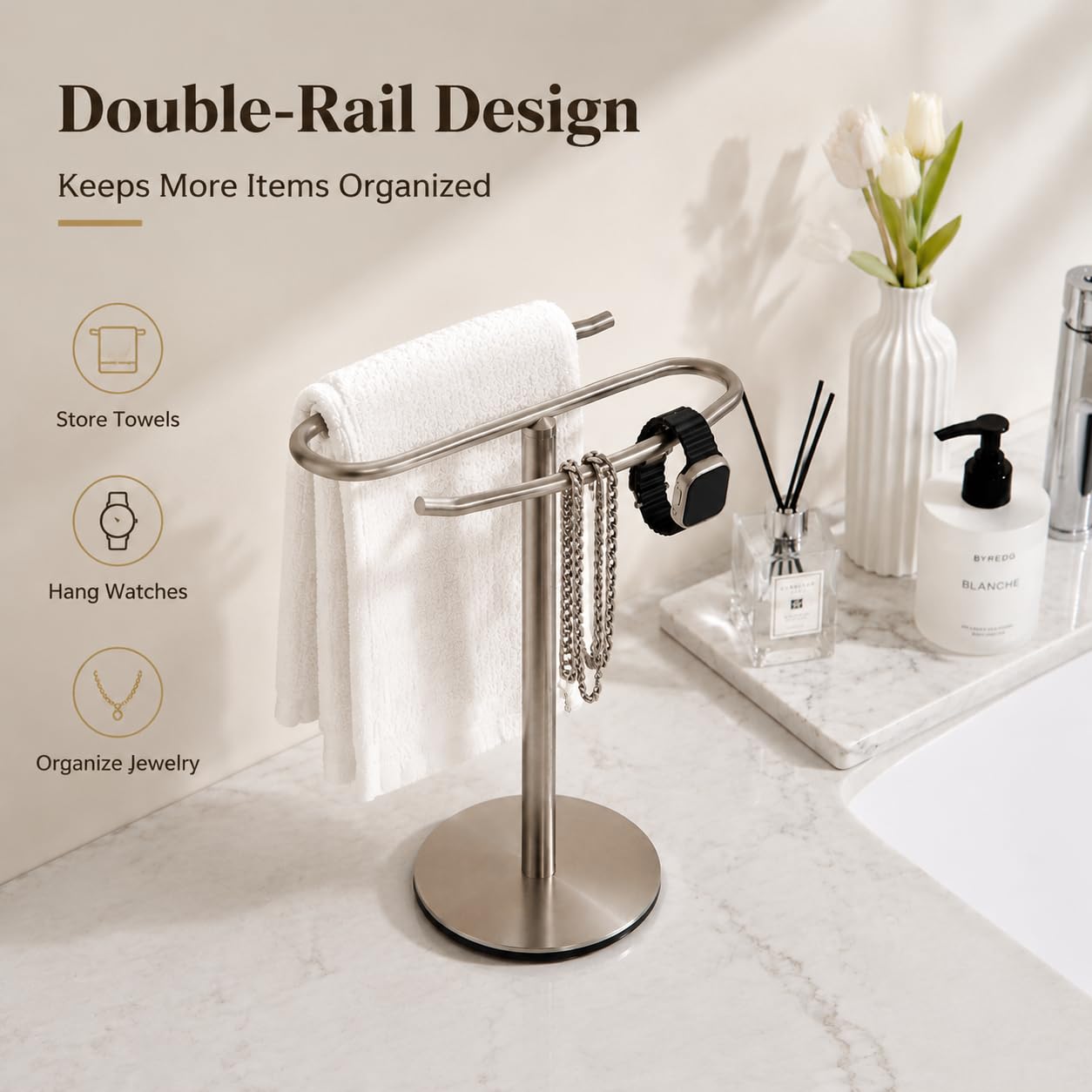 Brushed Nickel Hand Towel Holder Stand,13 Inch Free-Standing Towel Rack, SUS304 Stainless Steel Towel Bar Rack Stand, Tower Bar for Bathroom Kitchen Vanity Countertop…