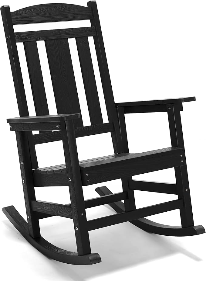 LUE BONA Outdoor Rocking Chairs Set of 4, Weather Resistant HDPS Poly Rocker Chairs, 350lb Heavy Duty, Oversized Porch Rocker for Adult, High Back Smooth Rocking Chairs for Outdoor & Indoor, Black