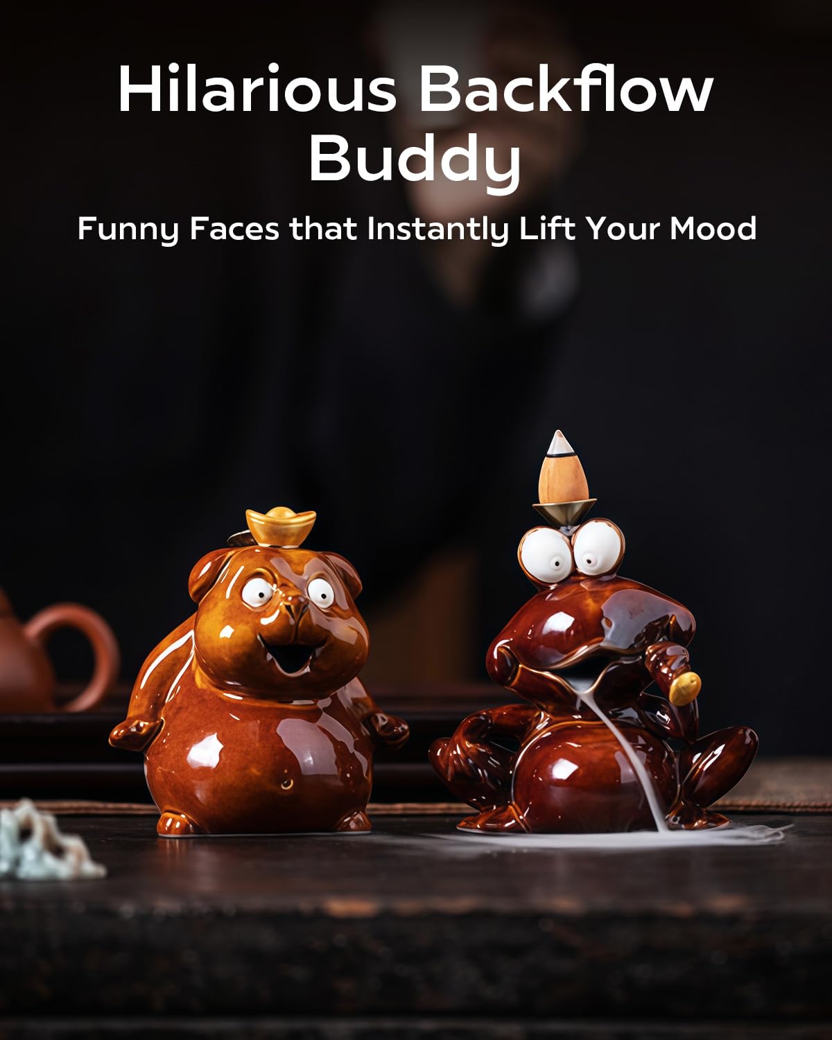 TEAVOR Backflow Incense Burner Ceramic, Funny Smoking Frog Incense Holder, Novelty Aromatherapy Ornament Home Decor for Yoga & Meditation