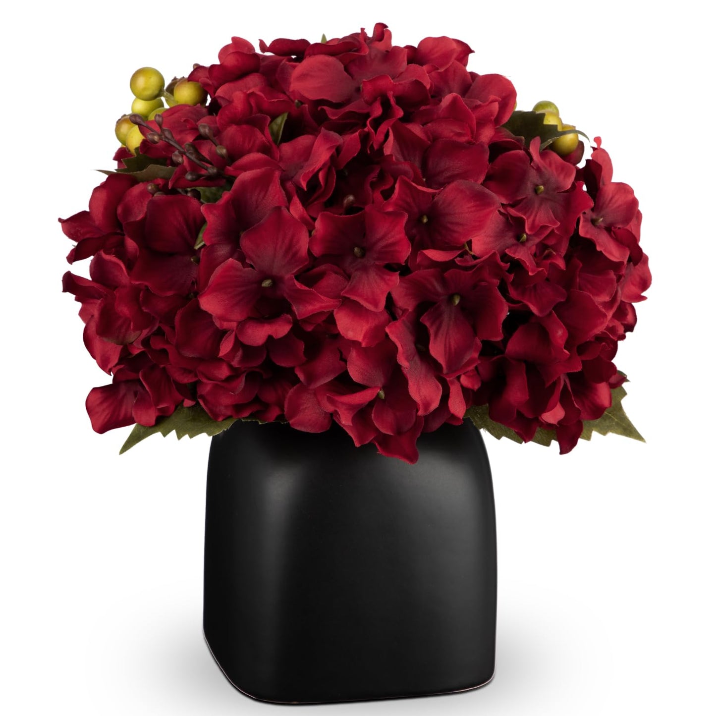 Briful Hydrangea Artificial Flowers in Ceramic Black Vase, Burgundy Silk Hydrangea Centerpieces for Tables, Realistic Dining Table Vase with Flowers for Farmhouse Home Decor Indoor