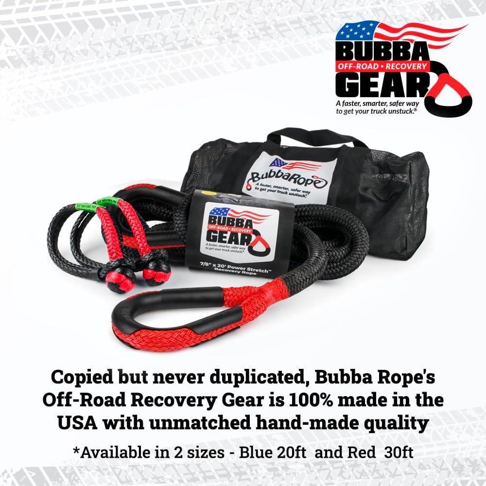 Bubba Rope Off-Road Truck Recovery Gear Set – Heavy-Duty Vehicle Tow Kit: Power Stretch Recovery Rope, 7/8” x 30’ - NexGen PRO Gator-Jaw Synthetic Shackles, 3/8” x 6.5” - Red