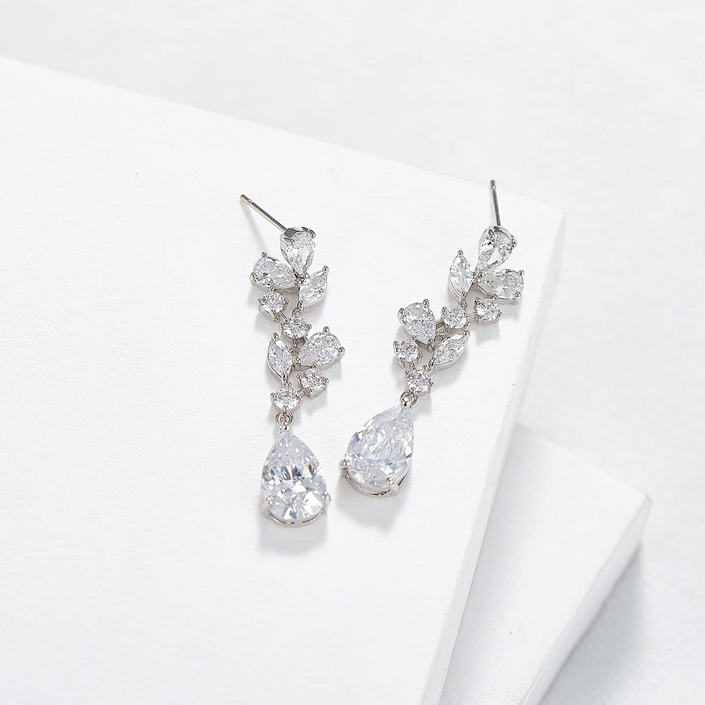 SWEETV Bridal Wedding Earrings for Brides Bridesmaides-Marquise Teardrop Earrings for Women, Cubic Zirconia Drop and Dangle Earrings for Prom or Pageant,Jewelry, Silver