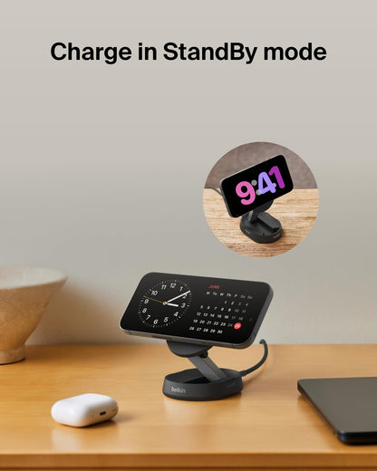Belkin Convertible Magnetic Charging Stand 15W - MagSafe-Compatible Fast Qi2 Charger for Apple iPhone 15, 14, 16, 16 Plus, 16 Pro, 16 Pro Max, Airpods Pro, & More - Black