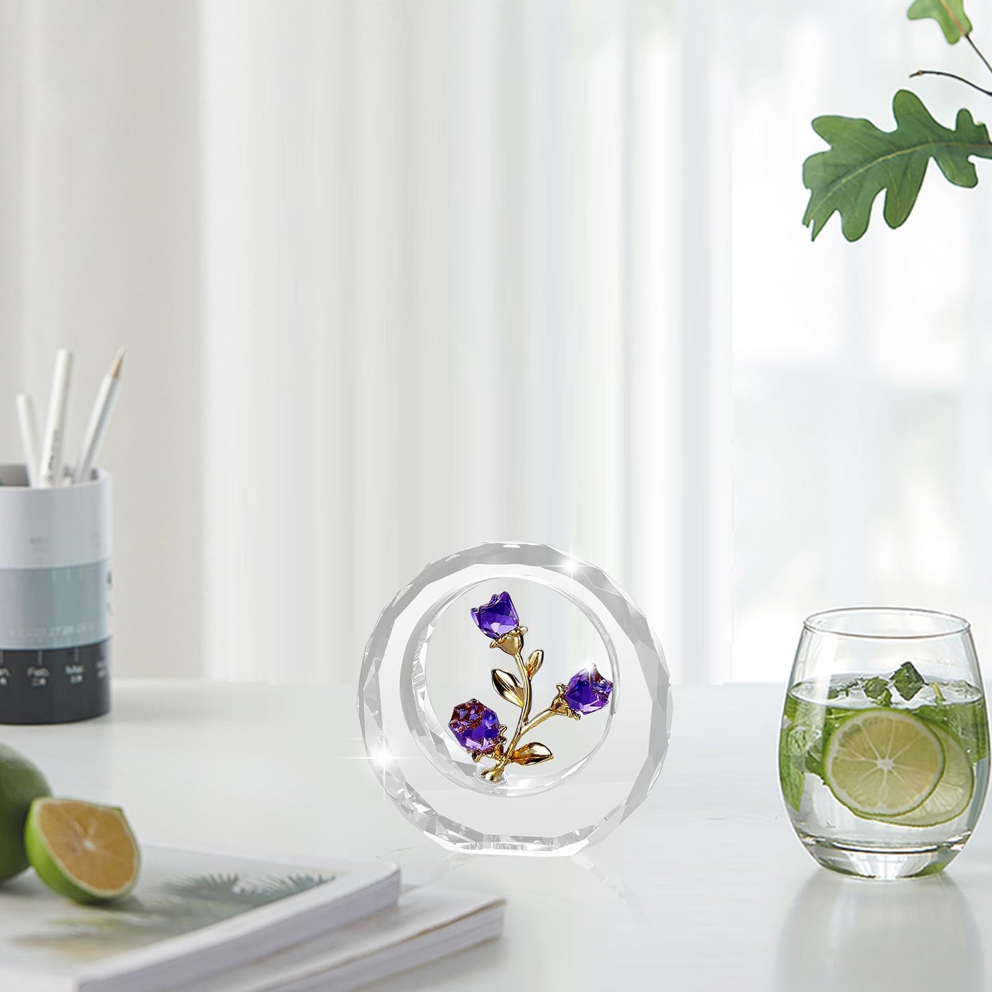 RONG KRISTO Purple Crystal Rose Ornament Glass Rose Flower with Stems Romantic Flowers Gifts for Women with Gift-Box
