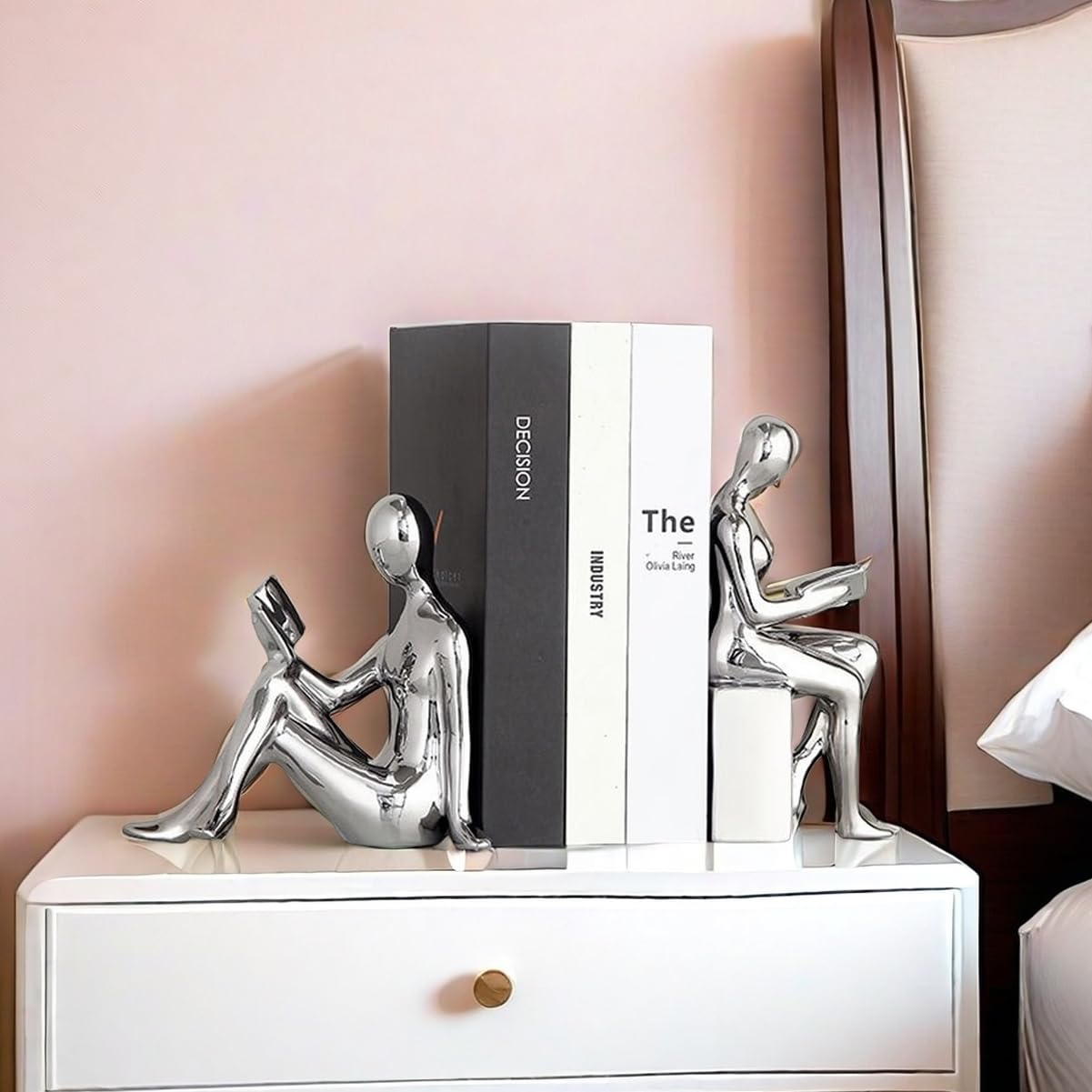 Decorative Bookends, Ceramic Book Ends for Shelves, Home Office Decor Aesthetic Book Stopper Reading Book Holders Statues for Bookshelf Bedroom Living Room Decoration (Silver)