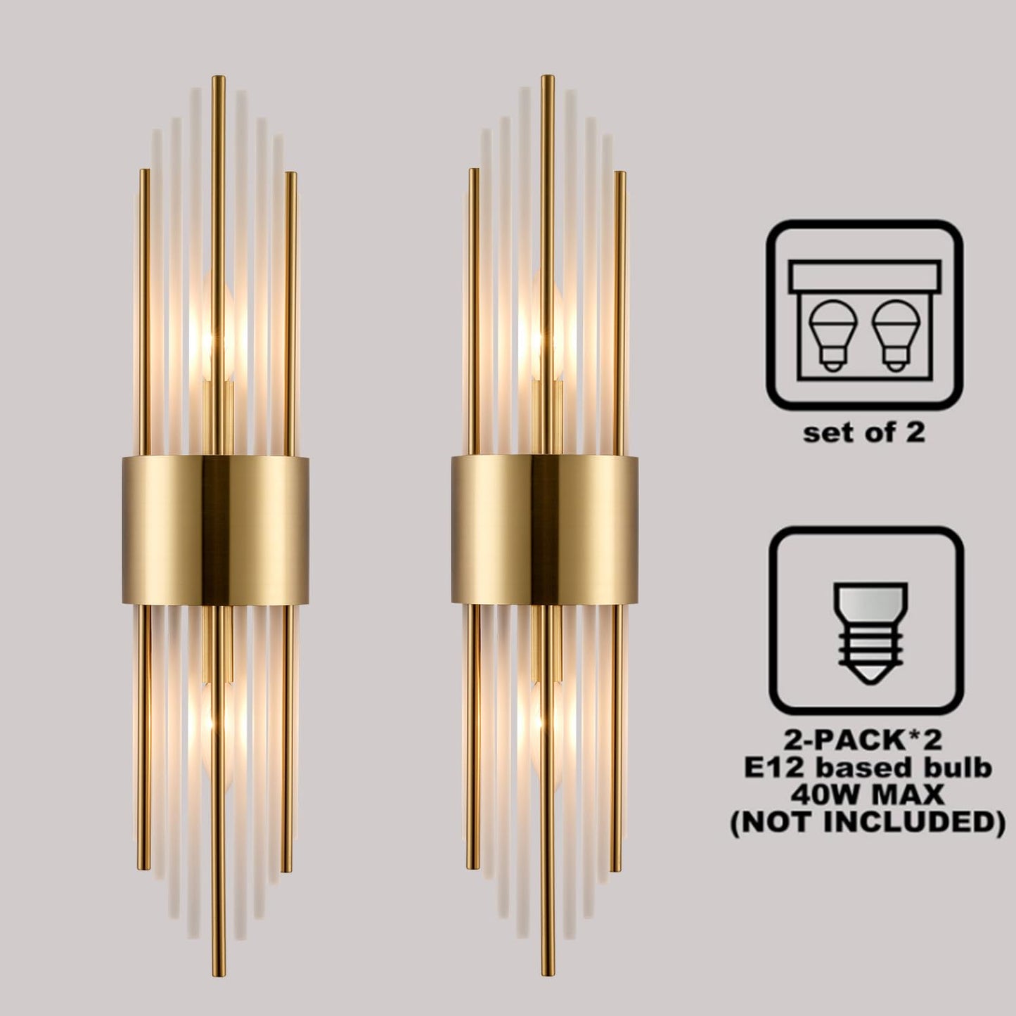 SHAWNKEY 2-Light Modern Crystal Wall Sconces Titanium Gold Vanity Wall Light with Frosted Glass Luxury Set of 2 Wall Light Fixtures for Bedroom Living Room Dining Room Vanity Mirror Light