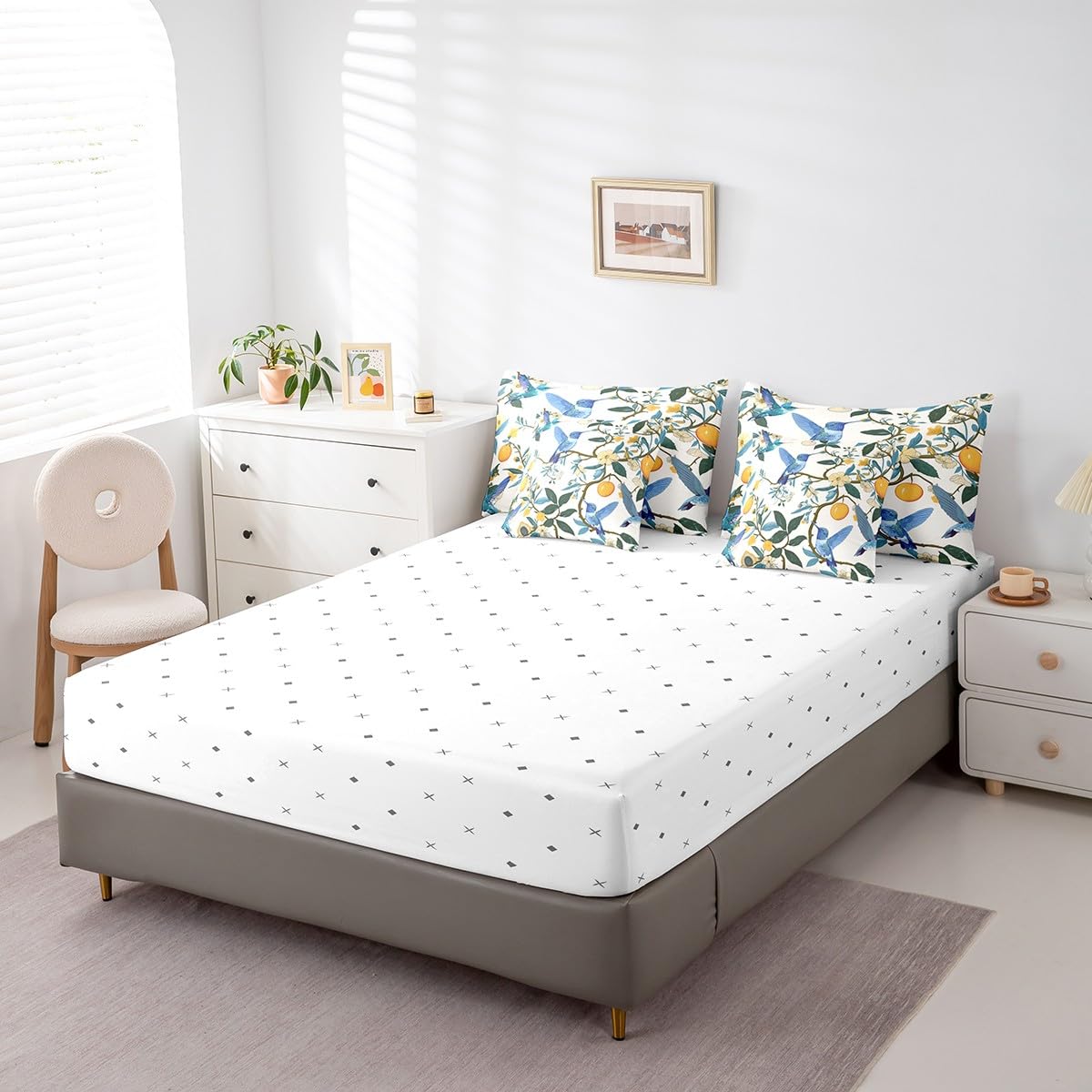 Erosebridal Lemon Tree Branches Bedding Set for Kids Teens,Hummingbirds Comforter Set King Size,Oil Painting Fruit (Comforter+Fitted+Flat Sheet+2 Pillowcases+2 Throw Pillow Covers) 7 Pieces Bed Set
