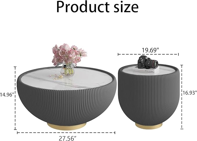 Round Marble Coffee Table Set of 2, 2 Piece White Coffee Table and End Table