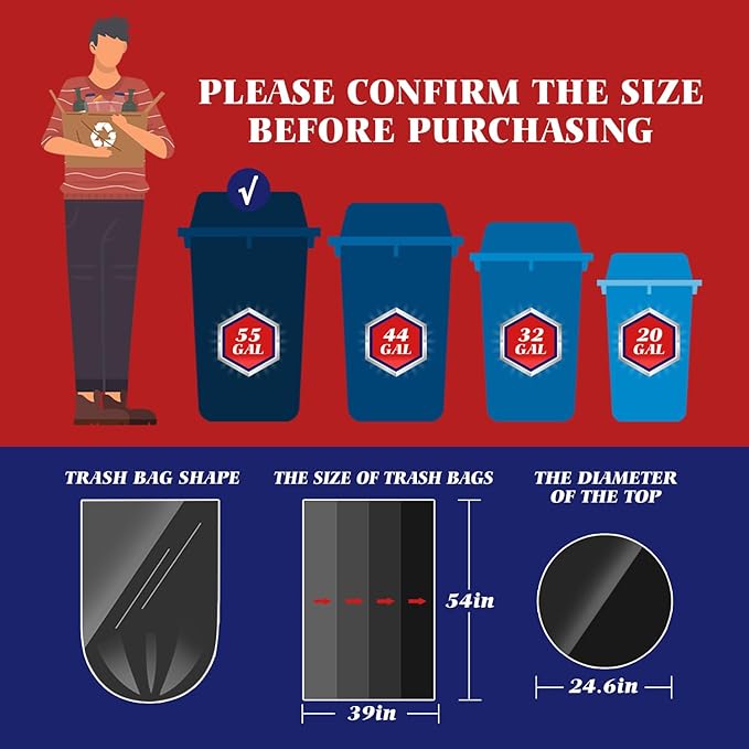Teivio Trash Bags, 55-60 Gallon,