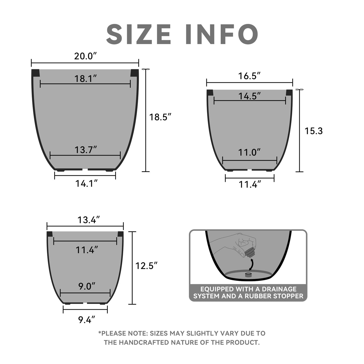 Kante 20",16.5",13.4" Dia Round Concrete Planters (Set of 3), Outdoor Indoor Modern Decorative Plant Pots with Drainage Hole & Rubber Plug for Home & Garden, Natural Concrete