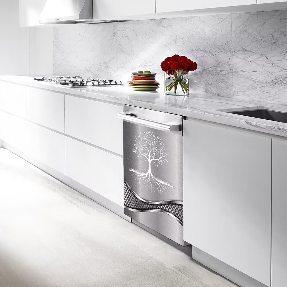 Imitation Stainless Steel Design Tree Painting Dishwasher Magnetic Cover Sticker Refrigerator Door Panel Fridge Appliance Magnet Decal Sheet Kitchen Decor 23x26 inch