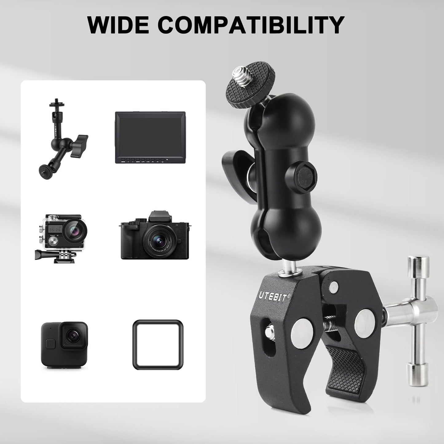 UTEBIT Super Clamp Camera Mount with 360° Ballhead Magic Arm, Super Clamp Mount with 1/4" and 3/8" Thread, Desk/Bike/Bicycle/Motorcycle/Handlebar for GoPro, Phone, Camera, Monitor, LED Light