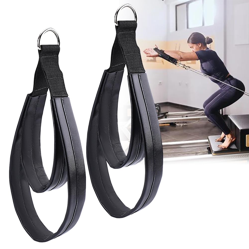 CALFOVERA 2Pcs PU Leather Pilates Straps Handles Double Loop D-Ring Exercise Straps Black Comfortable Yoga Exercise Handle Padded for Reformer Padded Home Gym Workout Equipment Accessories