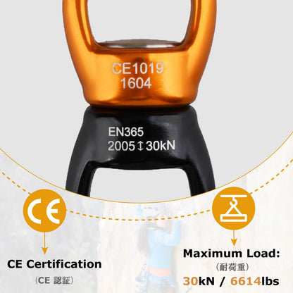 YAPJEB 30kN Swing Swivel, CE Certified 360° Rotation Silent Device for Climbing, Tree Swing, Aerial Dance, Hammock, Carabiner Compatible(Black&Yellow)