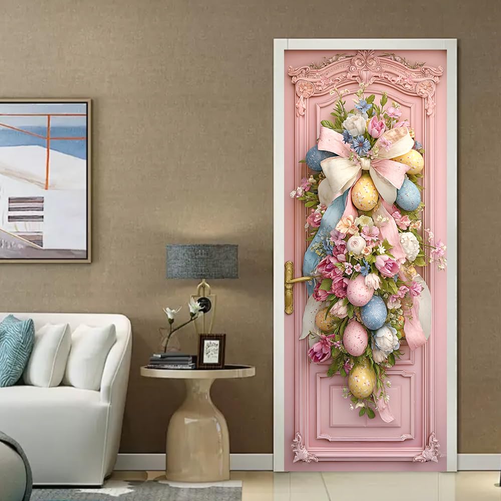 WDESYADMS PVC Self Adhesive Door Sticker 30.3x78.7 Inch Easter Eggs and Floral Bow Design Peel and Stick Decorative Door Decal for Bedroom Living Room Entryway Spring Home Decor