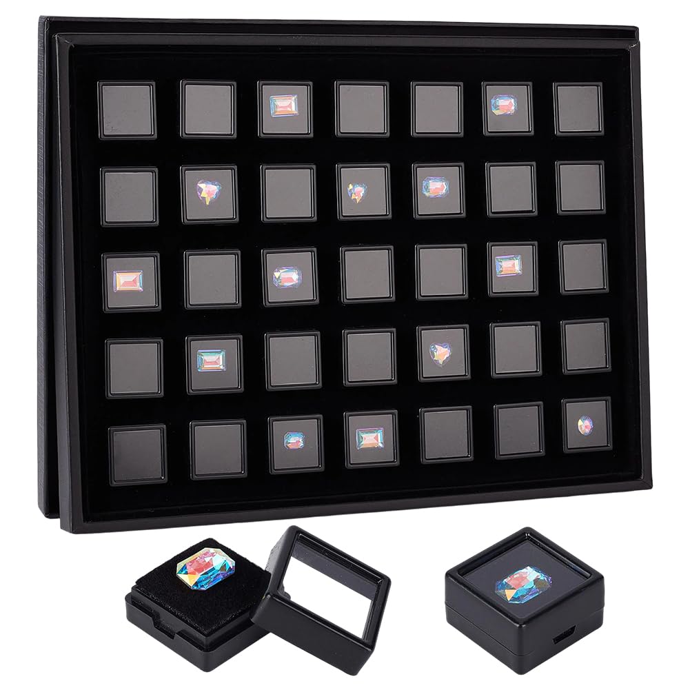 PH PandaHall 35pcs Black Gemstone Display Box, Acrylic Small Loose Diamond Cases 1.2inch Square Transparent Jewelry Box with Lid Foam Stone Storage Container for Collectibles Crystal Small Items