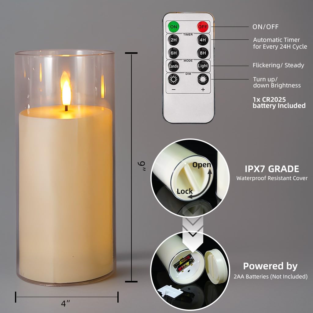 Niceme 9” x 4” Large Waterproof Outdoor Flameless Candles with Remote Control Timer, Flickering LED Pillar Candles Battery Operated for Indoor Outdoor Lanterns Patio Porch Decor, Long Lasting Set of 2